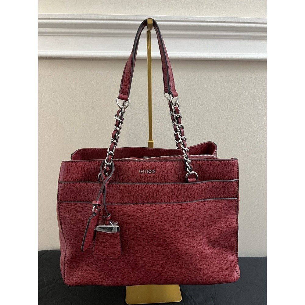 New GUESS  Katiana Chain Strap Girlfriend Shoulder Bag Red Laptop Large Purse